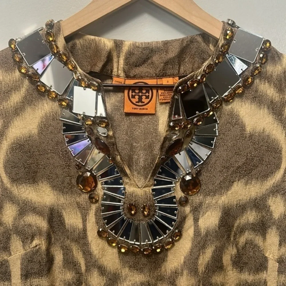 TORY BURCH Silk Blend Jewel Mirror Beaded Tunic Blouse -‎ Amber Brown - Size 2